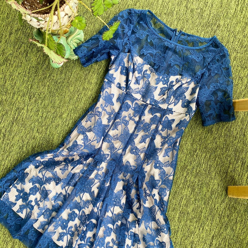Adrianna Papell Dark Blue Dress with Lace Overlay